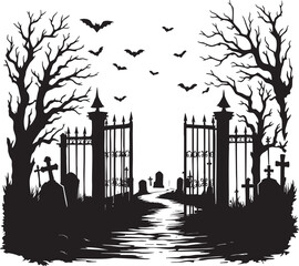 Silhouette of a graveyard with open gate bare trees and bats flying in the sky on a white background