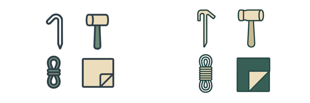 Essential tools for camping setup including stakes, hammer, rope, ground tarp, and more for outdoor enthusiasts