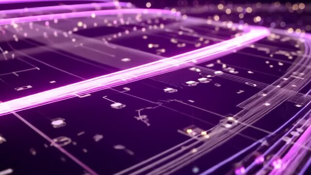 Abstract musical notation with glowing, vibrant purple lines and notes.