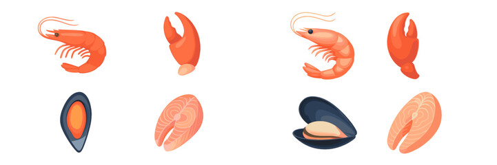 Fresh seafood collection featuring shrimp, mussels, and salmon on a plain background ideal for culinary designs