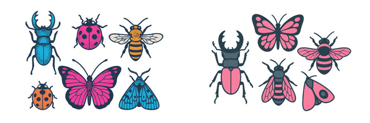 Colorful collection of hand-drawn insects including beetles, butterflies, and bees on a white background