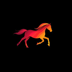 A graceful silhouette of a galloping horse, bathed in a vibrant gradient from crimson red to bright gold, set against a deep black background.