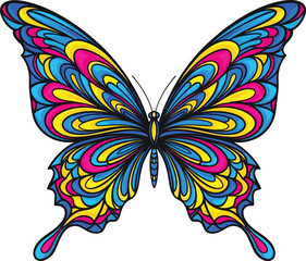 Colorful Vector Illustration of Decorative Butterfly with Abstract Patterned Wings in Blue, Pink, and Yellow