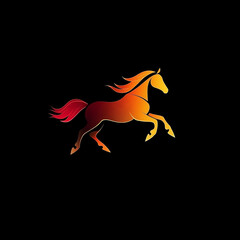 A graceful silhouette of a galloping horse, bathed in a vibrant gradient from crimson red to bright gold, set against a deep black background.