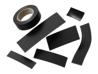Assorted black tape pieces for creative applications.