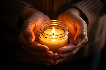 Burning candle in female hands