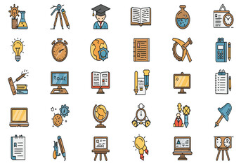 Collection of hand drawn icons representing education learning science technology and business concepts for digital design
