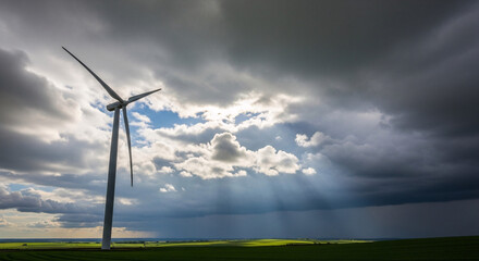Obraz premium A lone wind turbine stands tall in a vast green field under a dramatic sky with sunbeams breaking through dark storm clouds.