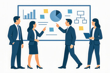 Horizontal vector illustration of businesspeople presenting charts and graphs on board, four coworkers in suits pointing at data, teamwork collaboration for corporate planning, strategy