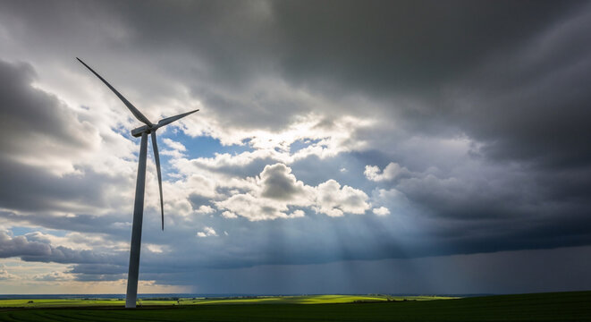 A lone wind turbine stands tall in a vast green field under a dramatic sky with sunbeams breaking through dark storm clouds.