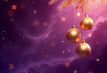 Magical Purple and Gold Christmas Background with Hanging Ornaments and Stars