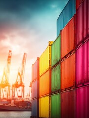 vibrant, illustrative scene where the US flag pattern on the globe appears as radiating energy lines, flowing into and powering the surrounding product boxes. The cargo port background shows 