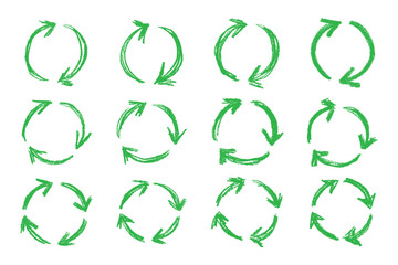 Set of hand drawn recycle arrow icon Recycling resources symbol Reuse of materials, zero waste, green environment, saving the planet
