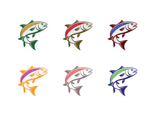 A collection of various fish illustrations in different colors on a white background