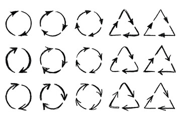 Set of hand drawn recycle arrow icon Recycling resources symbol Reuse of materials, zero waste, green environment, saving the planet