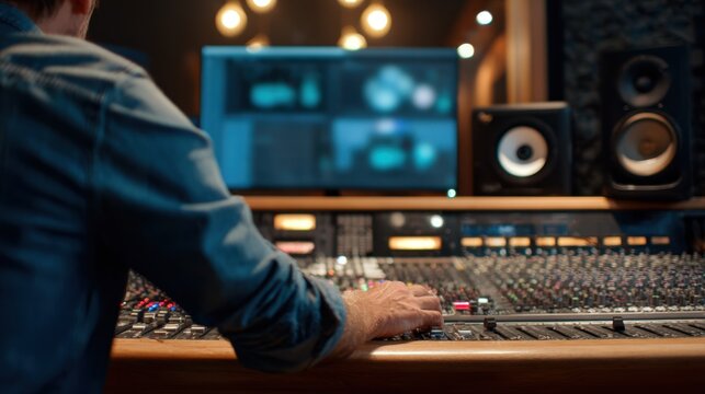 Medium shot of a sound engineer adjusting highend audio equipment in a sleek acoustically treated solo listening room with blurred background emphasizing focused sound calibration. - Powered by Adobe