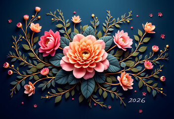 Beautiful Floral Background with Pink and Peach Flowers on a Dark Blue Backdrop