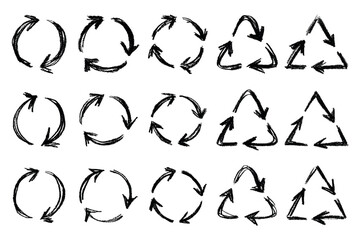 Set of hand drawn recycle arrow icon Recycling resources symbol Reuse of materials, zero waste, green environment, saving the planet