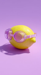 Lemon wear swimming goggles. Minimal beach vacation concept 