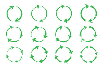 Set of hand drawn recycle arrow icon Recycling resources symbol Reuse of materials, zero waste, green environment, saving the planet