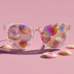 Pink glasses in seashell prints on pink background. Creative fun beach vacation concept