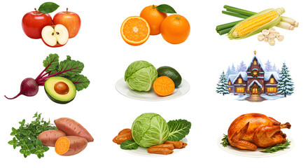 Set of fresh healthy vegetables, fruits, and a roasted turkey illustration, perfect for food blogs, menus, and nutrition presentations