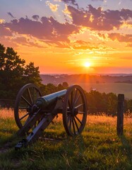A magnificent sunset illuminates a historical cannon atop a grassy hill, casting warm hues across the landscape.