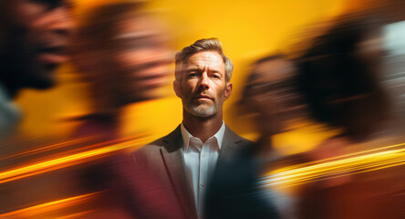 Thoughtful businessman centered as fast-moving diverse brownish red crowd blurs with golden yellow light steaks