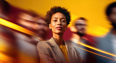Business portrait of self-assured African woman in sharp focus with yellow and red brownish red motion blur

