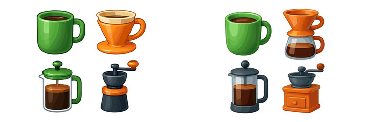 Colorful coffee mugs and brewing tools displayed on a simple background during the morning hours