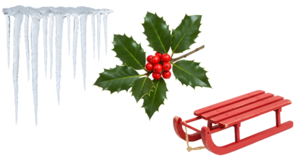 Winter holiday icons with hanging icicles, holly leaves and berries, and a red sled, ideal for Christmas and winter decoration themes