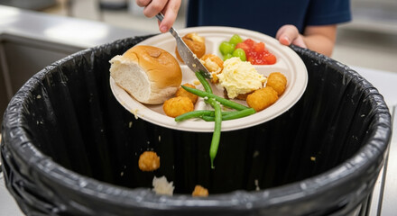 Sad child throws away an uneaten meal into garbage bin. Poor food waste management in school cafeteria results in lot of leftover food and trash