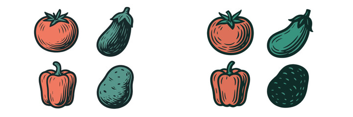 Collection of fresh vegetables including tomatoes, eggplants, and peppers arranged in a colorful display