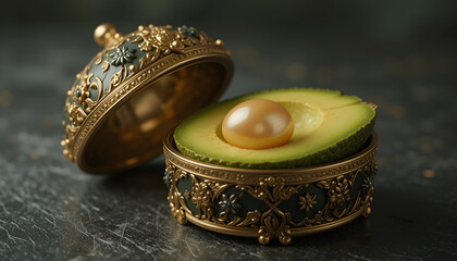 Jewel Avocado with Golden Pearl – Luxury Fruit Concept 4K