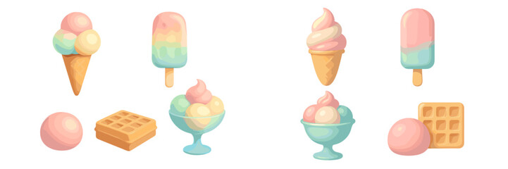 Colorful assortment of dessert treats including ice cream cones, popsicles, and waffles in a playful display