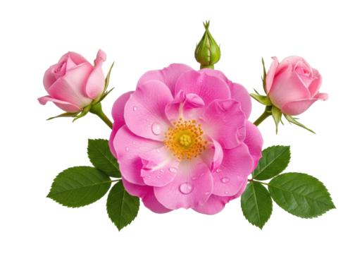 Pristine fuchsia rose with glistening dew drop, golden stamen, two blush rosebuds, emerald foliage, isolated on a clean transparent background. High-end product catalog concept