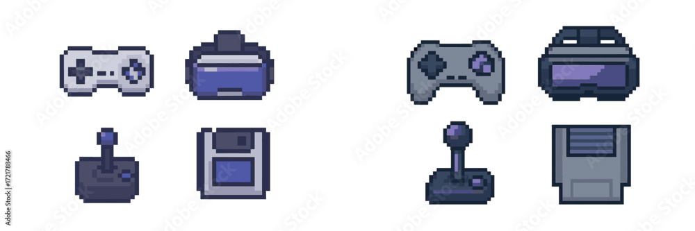 Poster collection of retro and modern video game controllers in pixel art style showcasing gaming evolution