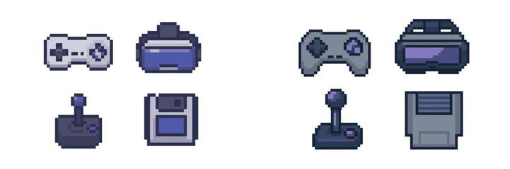 Obraz na płótnie Canvas Collection of retro and modern video game controllers in pixel art style showcasing gaming evolution
