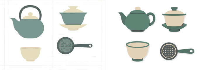 Stylish ceramic tea set collection featuring teapots, cups, and strainers in soft colors and simple design