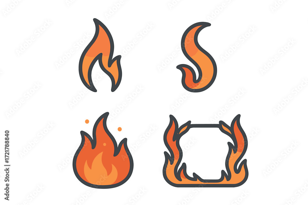 Poster various flame designs showing different shapes and styles in bright colors and smooth outlines for c