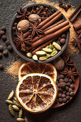 Christmas spices. Seasonal winter spices close up.
