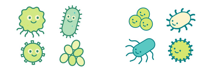 Colorful cartoon illustrations of friendly microbes and bacteria in a playful design for educational purposes