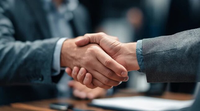 Deal in hand: Two figures meet, a tight, firm handshake sealing a partnership or agreement with an exchange of trust and intent