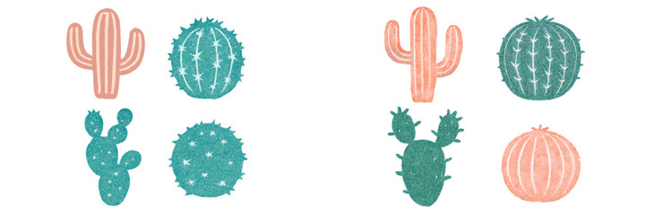 Colorful cactus illustrations featuring various shapes and designs on a clean background