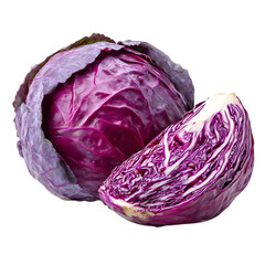 Fototapeta premium One head of purple cabbage and half a head separated on a transparent background.