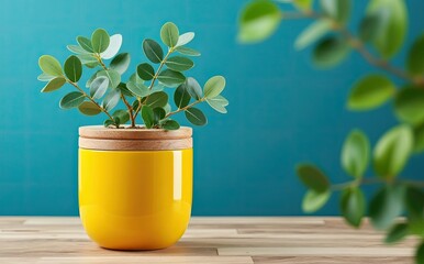 Bright yellow ceramic pot with green plant and wooden lid image