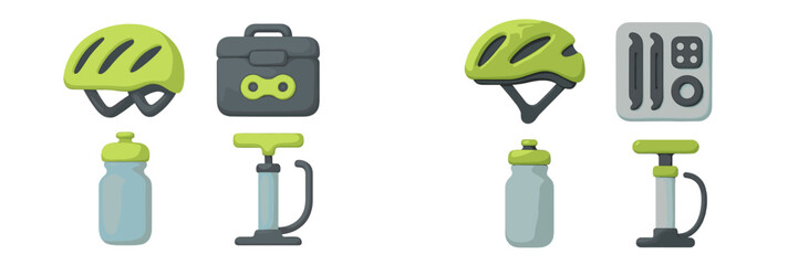 Bike safety gear and accessories arranged on a flat surface for cycling enthusiasts and beginners