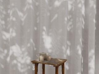 Minimal Tea Set on Wooden chair with Natural Light and Shadow on White Fabric Curtain Background 1