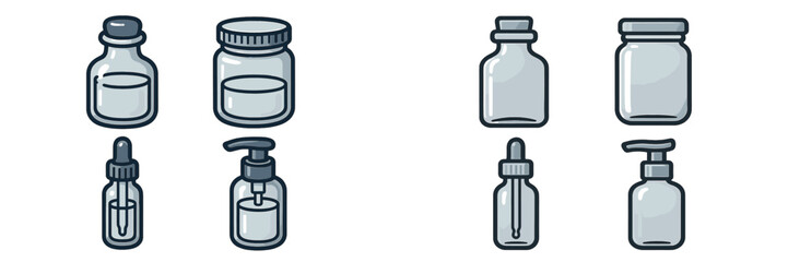 Various types of glass containers, droppers, and dispensers for liquids in a clean, modern style