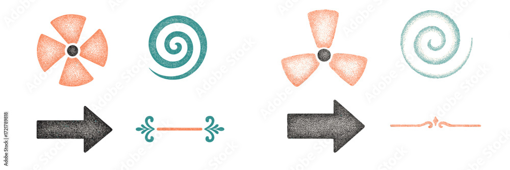 Poster symbols representing motion and direction with unique colors and shapes for design and artistic expr